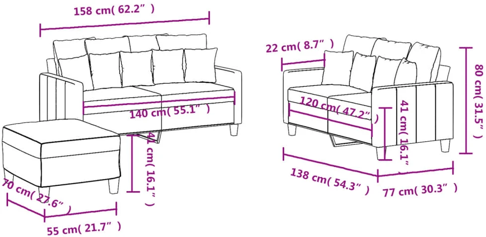 Sofa Sofos komplektas su pagalvėlėmis, 3 dalių, kreminis, audinys