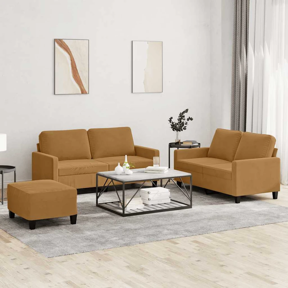Sofa Sofos komplektas su pagalvėlėmis, 3 dalių, rudas, aksomas