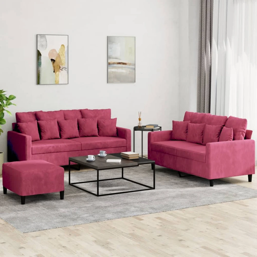 Sofa Sofos komplektas su pagalvėlėmis, 3 dalių, vyno, aksomas