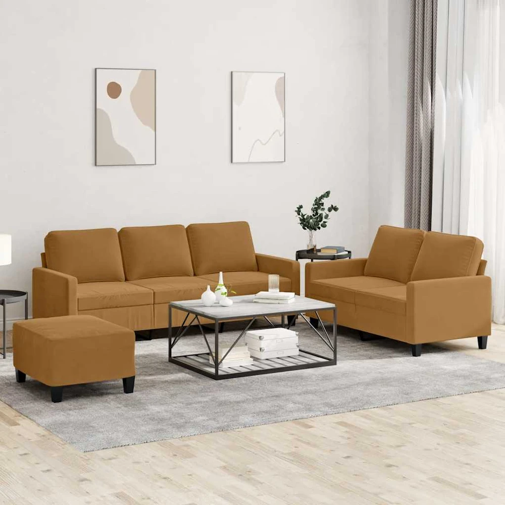 Sofa Sofos komplektas su pagalvėlėmis, 3 dalių, rudas, aksomas