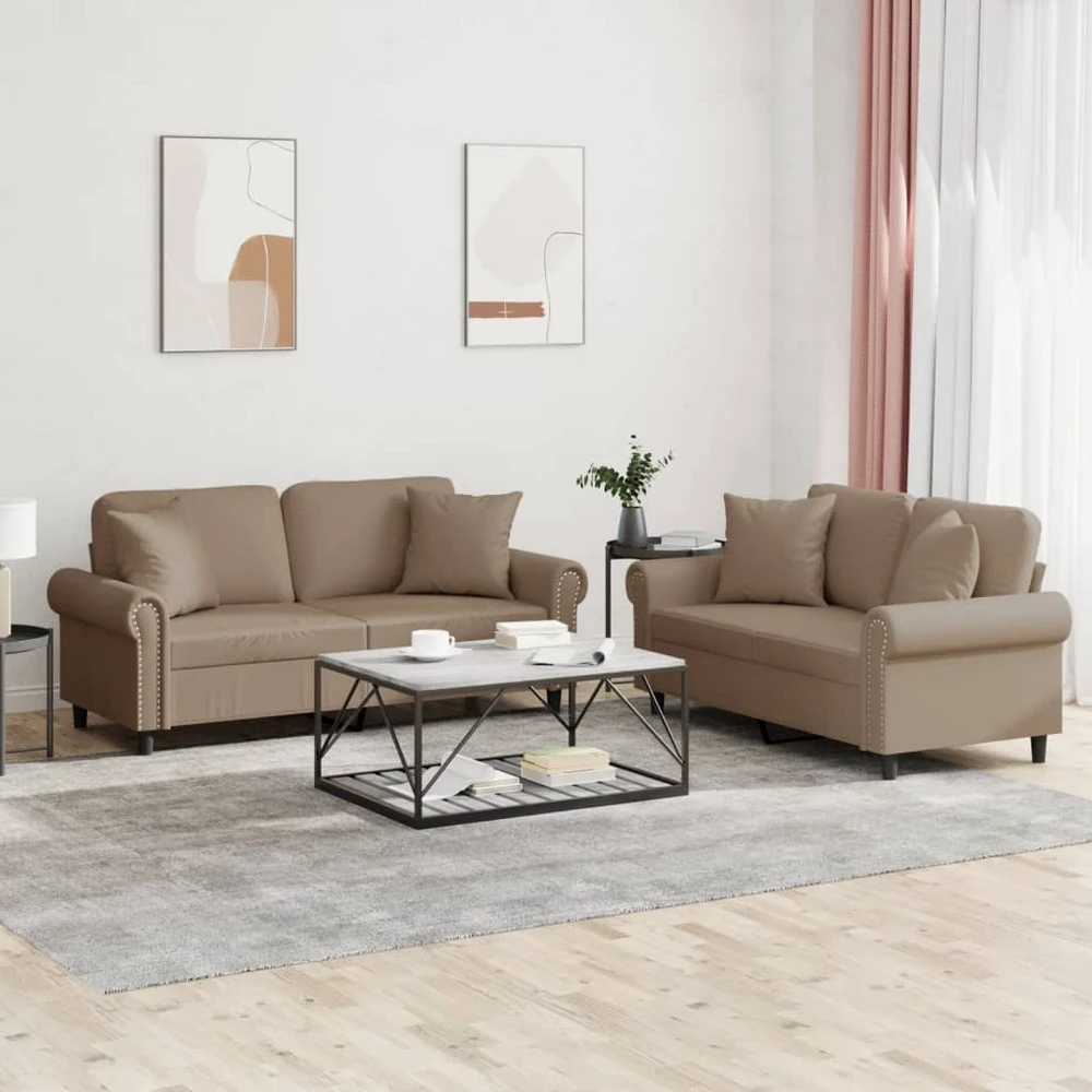 Sofa Sofos komplektas su pagalvėmis, 2 dalių, kapučino, dirbtinė oda
