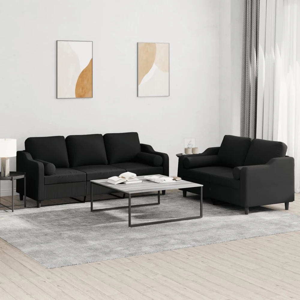 Sofa Sofos komplektas su pagalvėmis, 2 dalių, juodas, audinys
