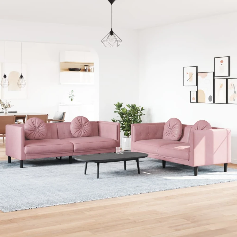 Sofa Sofos komplektas su pagalvėmis, 2 dalių, rožinis, aksomas