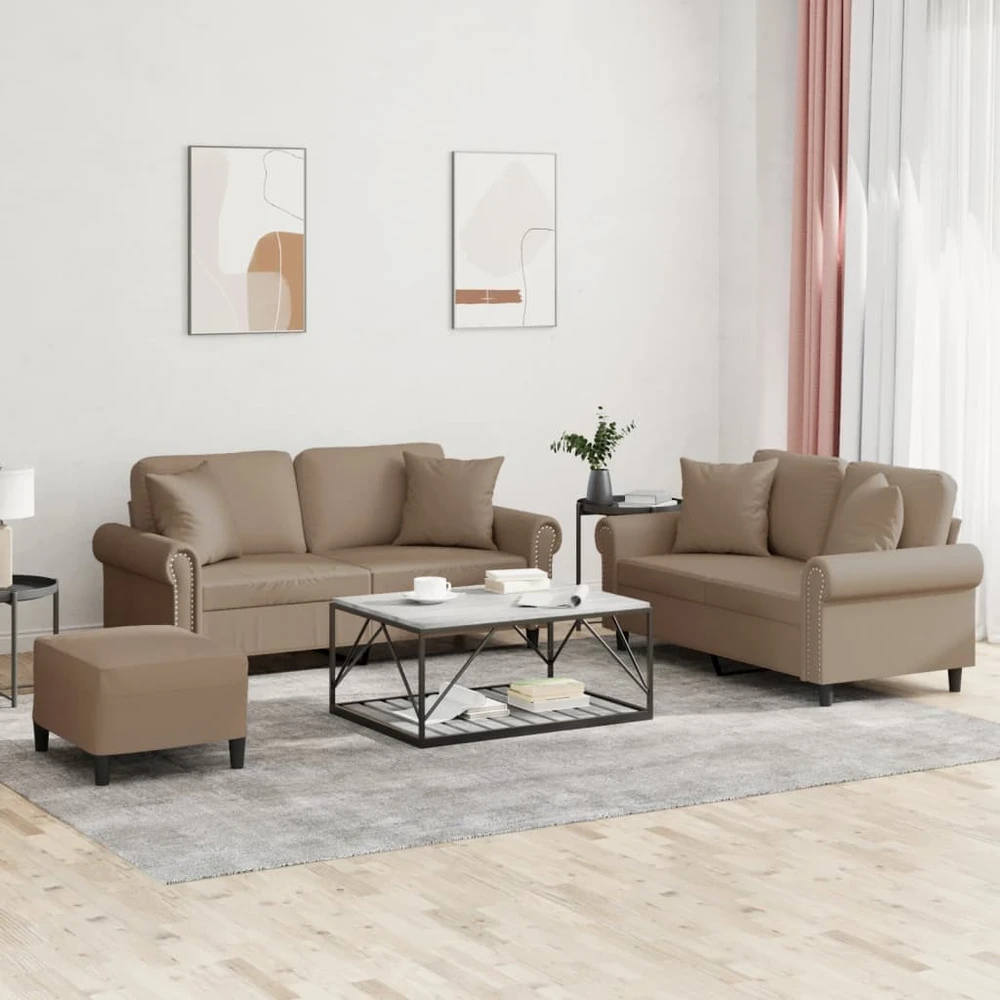 Sofa Sofos komplektas su pagalvėmis, 3 dalių, kapučino, dirbtinė oda