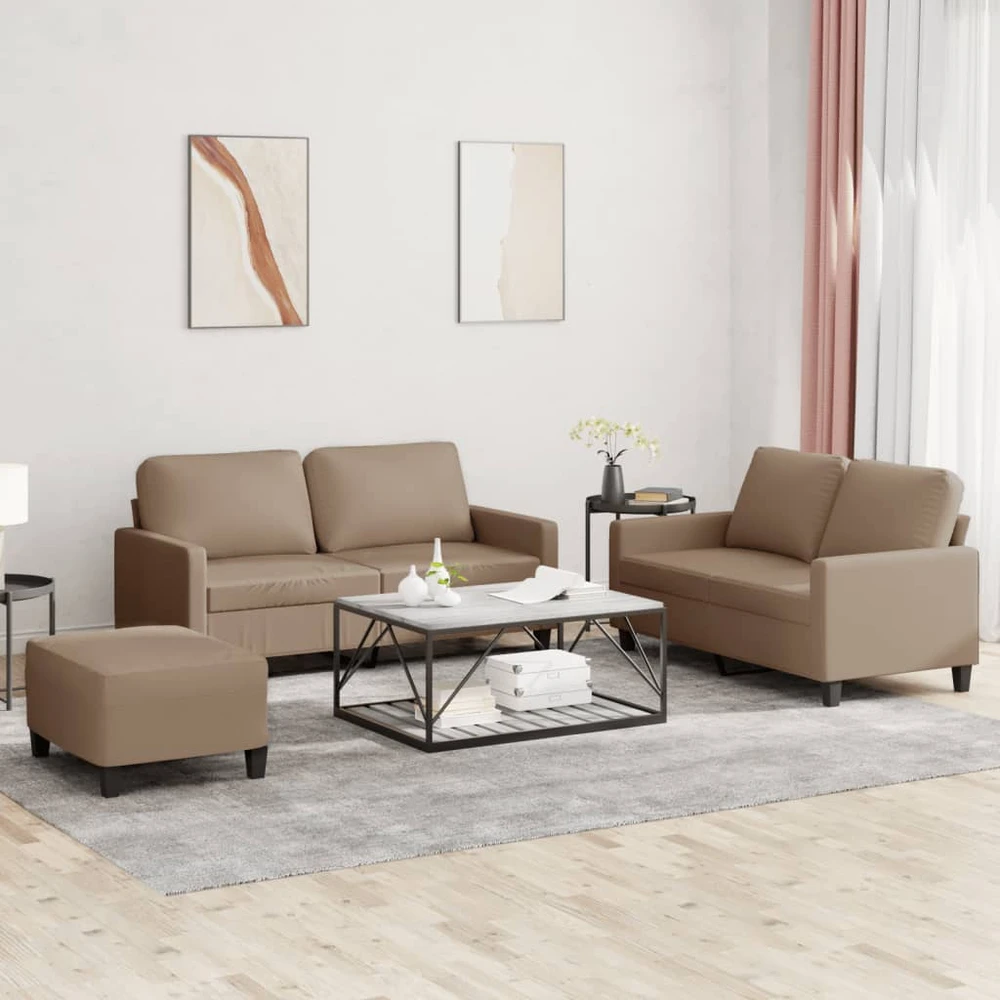 Sofa Sofos komplektas su pagalvėmis, 3 dalių, kapučino, dirbtinė oda