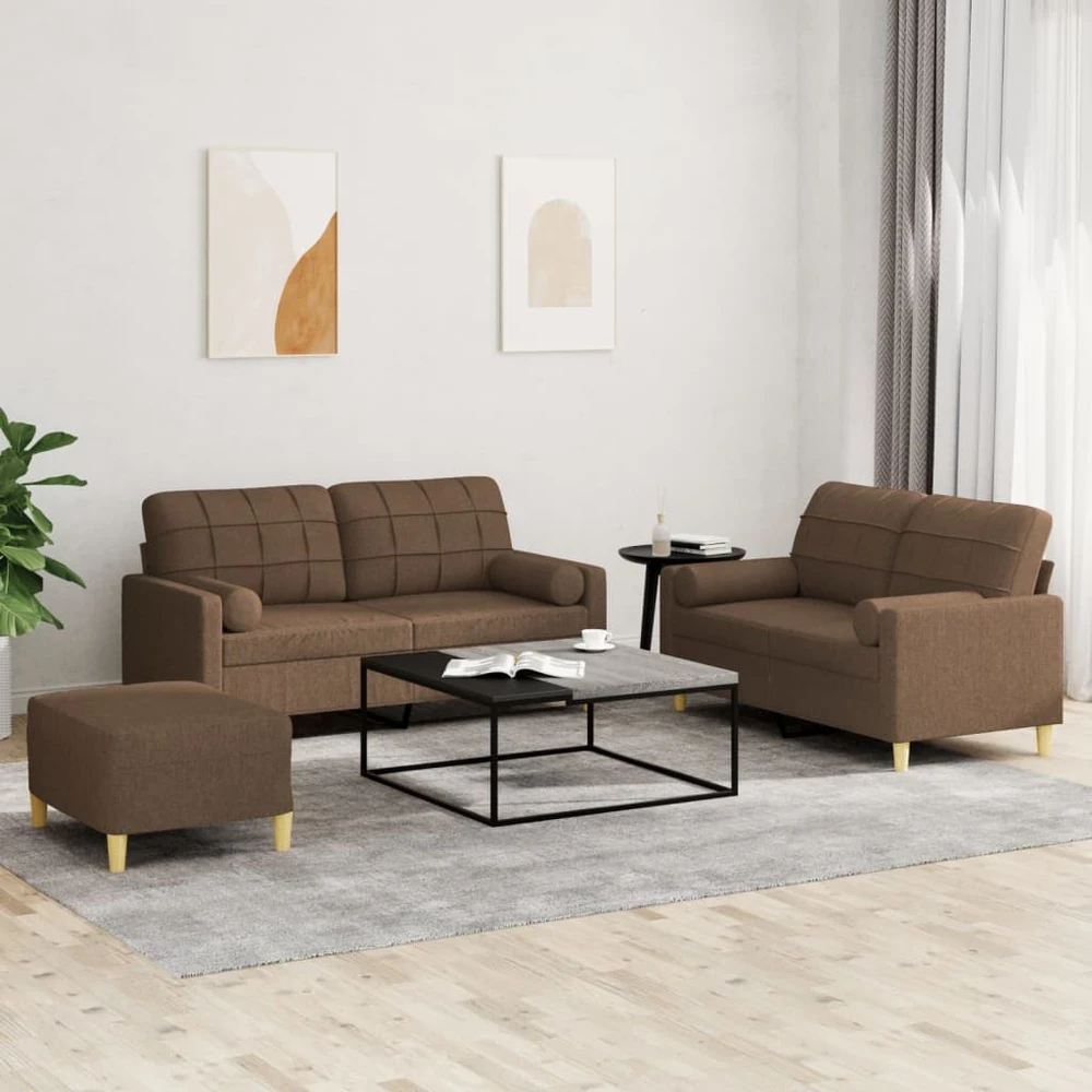 Sofa Sofos komplektas su pagalvėmis, 3 dalių, rudas, audinys