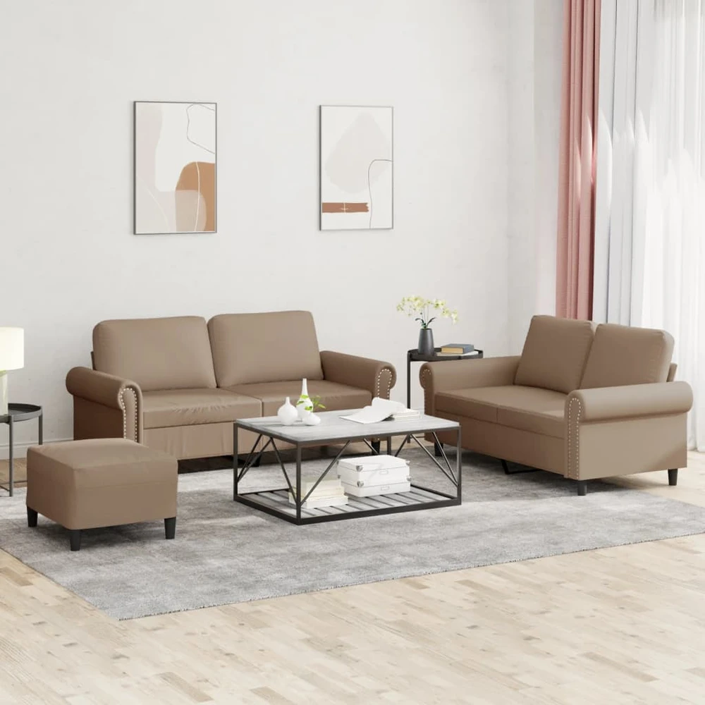 Sofa Sofos komplektas su pagalvėmis, 3 dalių, kapučino, dirbtinė oda