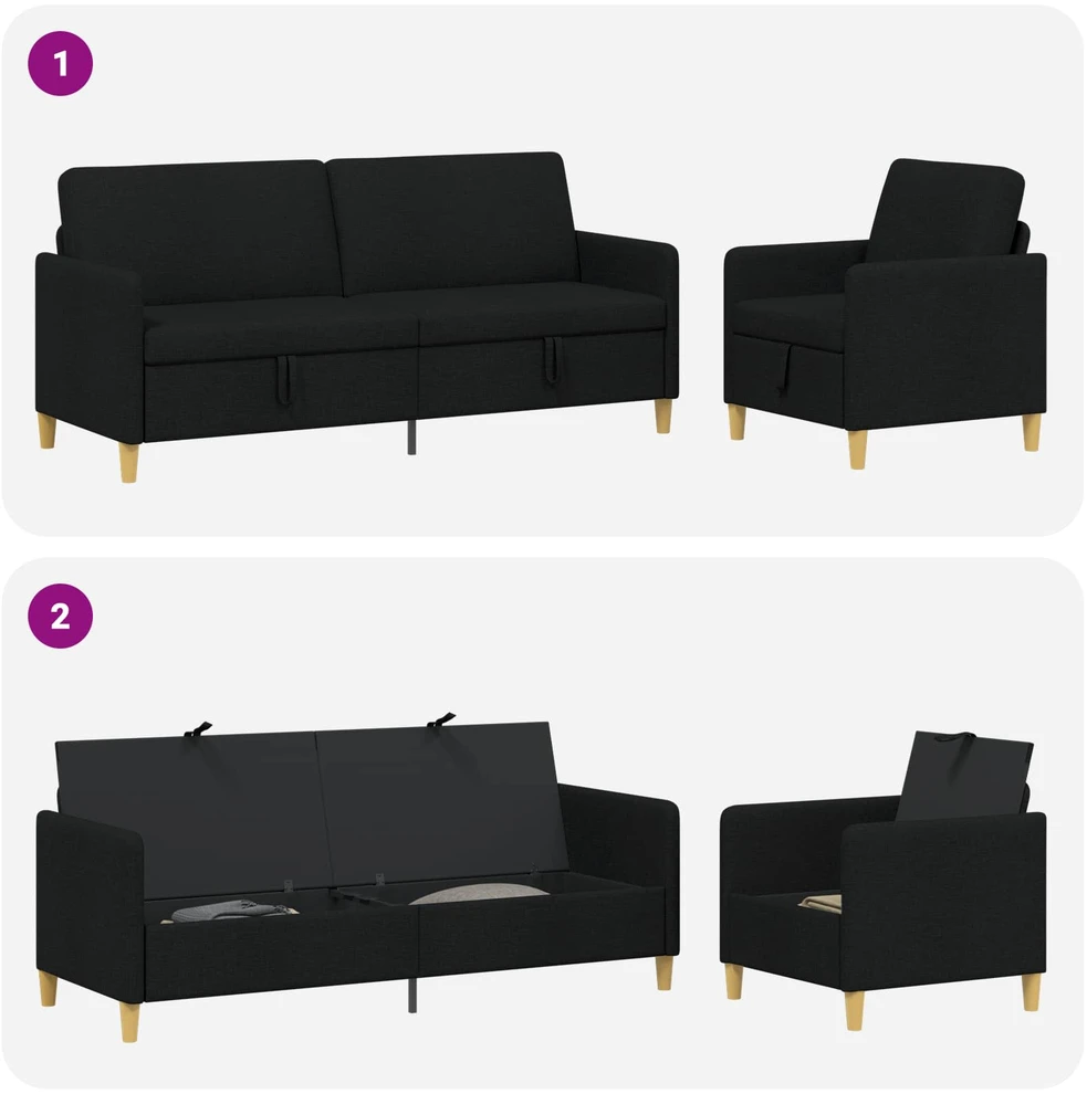 Sofa Sofos komplektas su saugojimu 2 vnt. Juoda Poliesteris