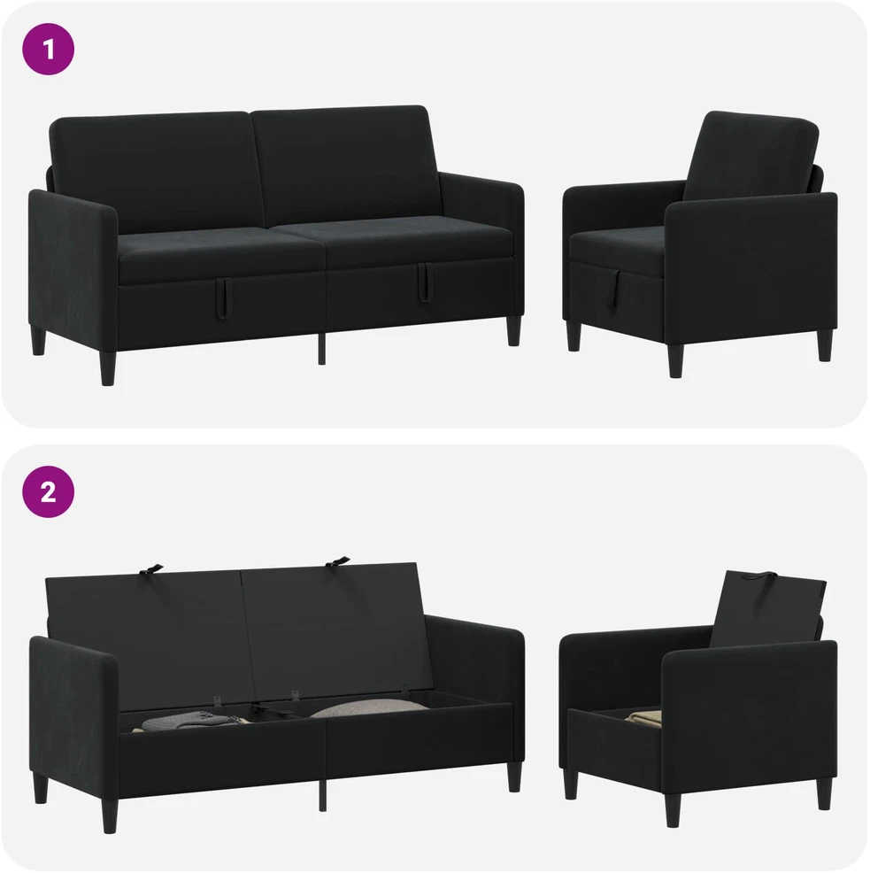 Sofa Sofos komplektas su saugojimu 2 vnt. Juoda Poliesteris