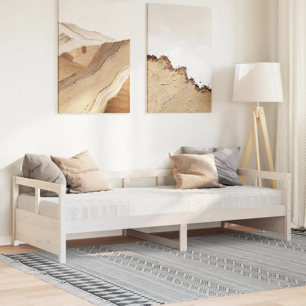 Lova su čiužiniu, balta, 90x200cm, pušies medienos masyvas