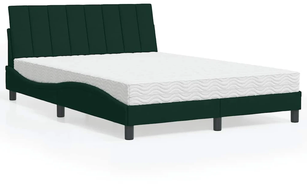Lova su čiužiniu, tamsiai žalios spalvos, 140x190cm, aksomas