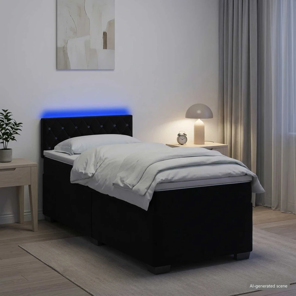 Lova su čiužiniu ir LED apšvietimu Juoda 90 x 190 cm Aksomas