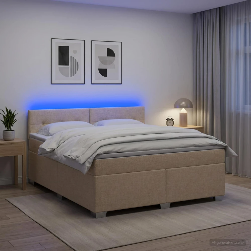 Lova su čiužiniu ir LED apšvietimu Kreminė 160 x 200 cm Audinys