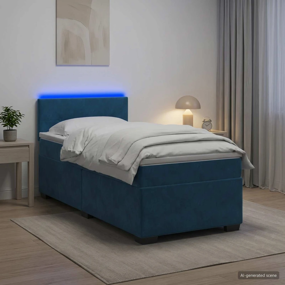 Lova su čiužiniu ir LED apšvietimu Mėlyna 90 x 190 cm Aksomas