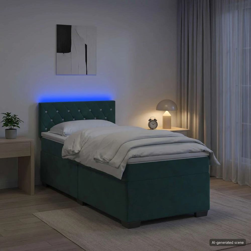Lova su čiužiniu ir LED apšvietimu Tamsiai žalia 90 x 200 cm