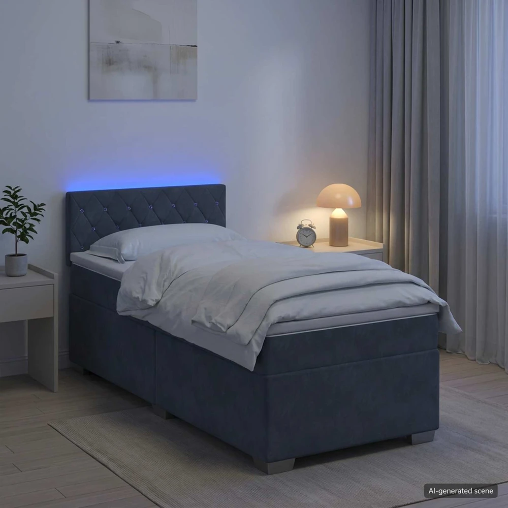 Lova su čiužiniu ir LED apšvietimu Tamsiai pilka Viengulis