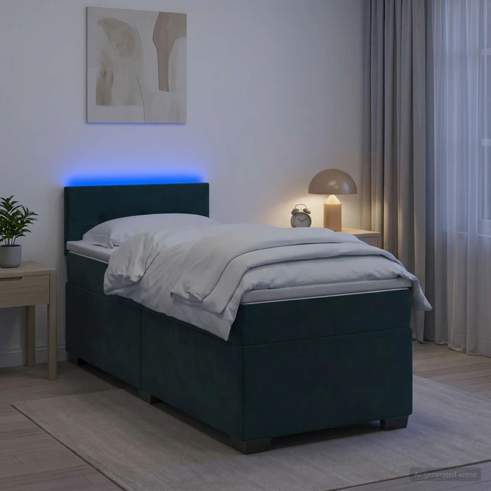 Lova su čiužiniu ir LED apšvietimu Tamsiai žalia 90 x 200 cm