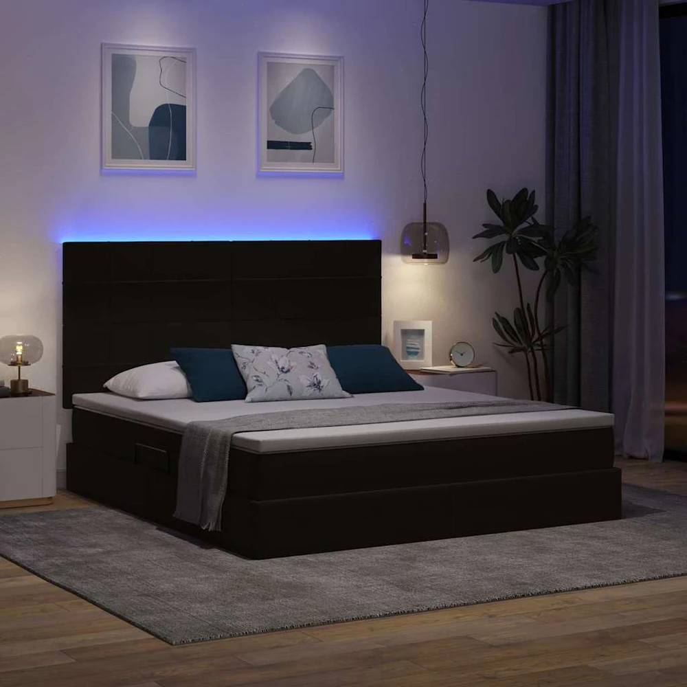 LED saugojimo lova su čiužiniu Juoda 160 x 200 cm Aksomas