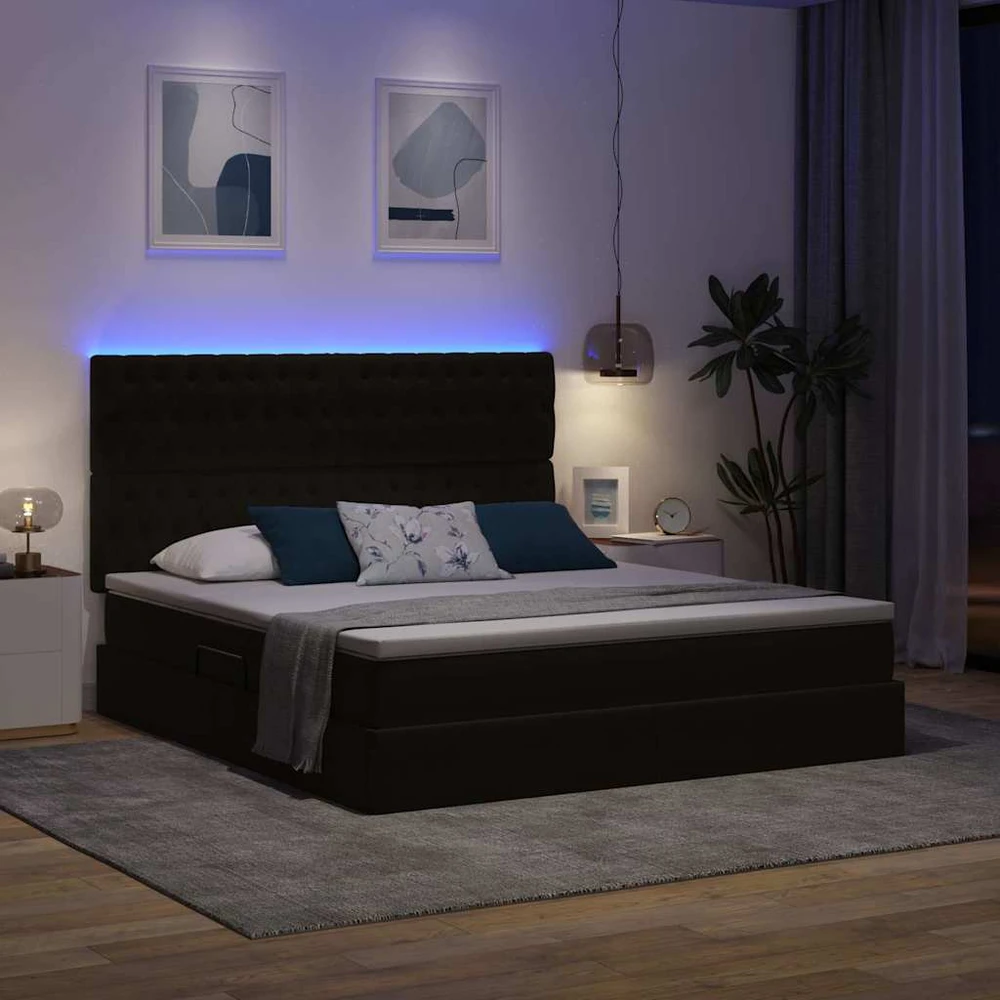 LED saugojimo lova su čiužiniu Juoda 180 x 200 cm Aksomas
