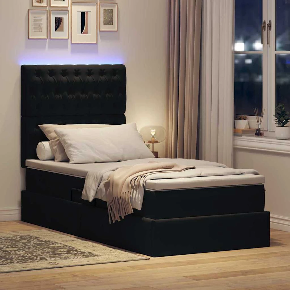 LED saugojimo lova su čiužiniu Juoda 90 x 190 cm Aksomas