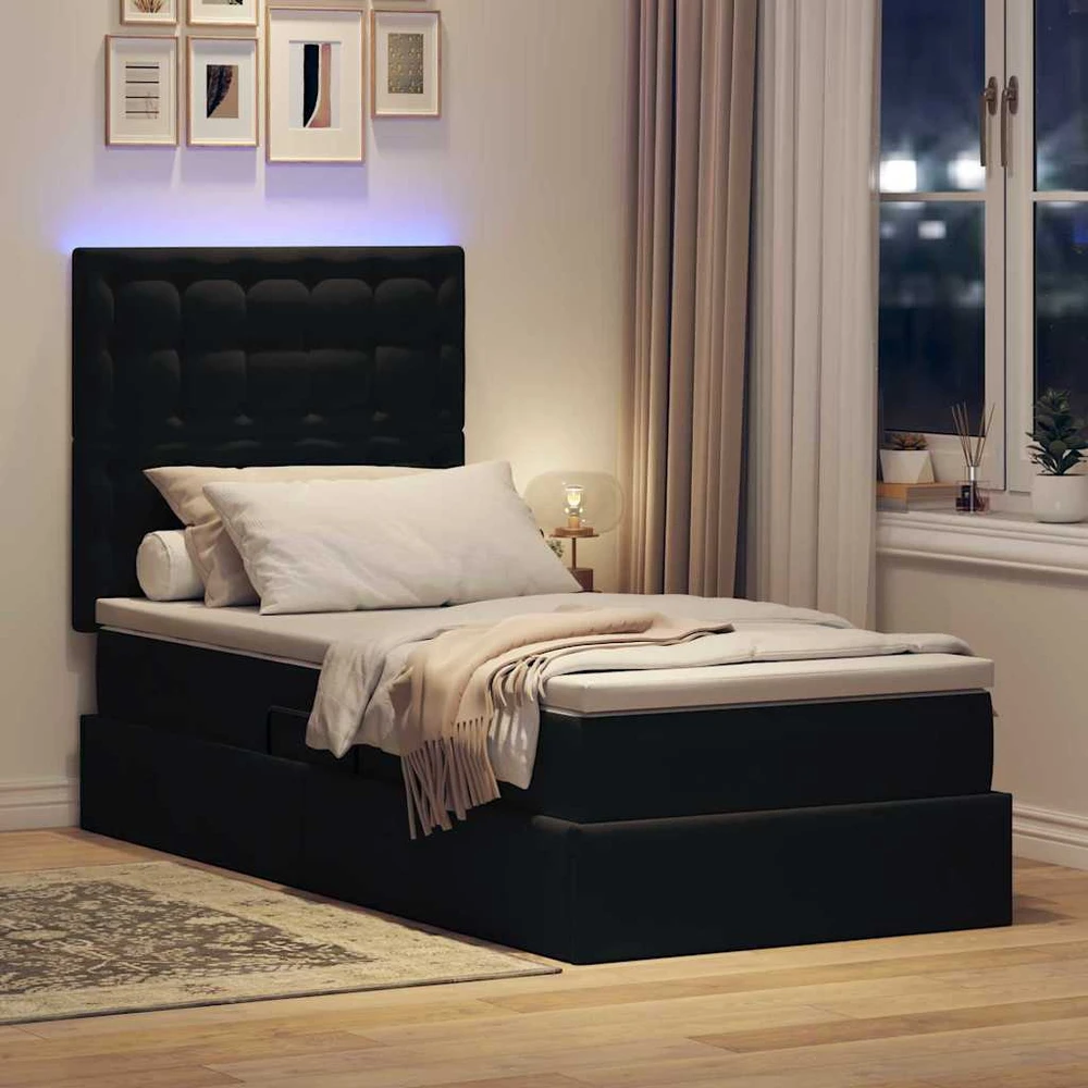 LED saugojimo lova su čiužiniu Juoda 90 x 190 cm Aksomas