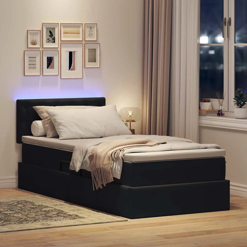 LED saugojimo lova su čiužiniu Juoda 90 x 200 cm Aksomas