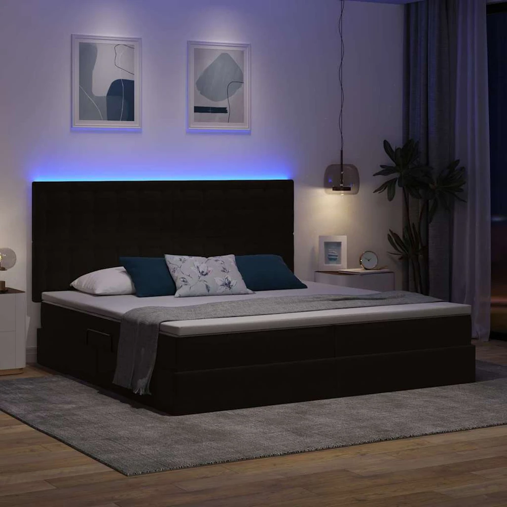 LED saugojimo lova su čiužiniu Juoda 200 x 200 cm Aksomas