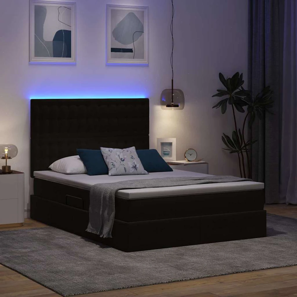 LED saugojimo lova su čiužiniu Juoda 140 x 200 cm Aksomas
