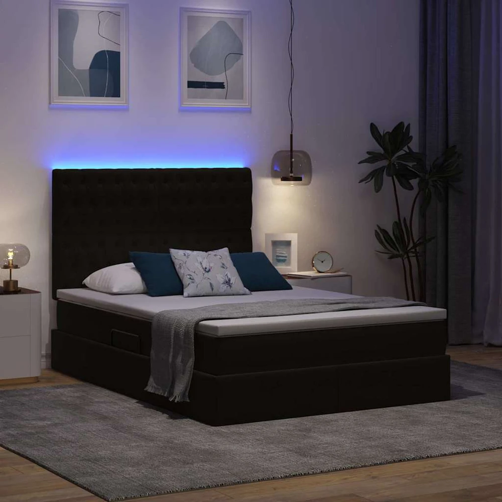 LED saugojimo lova su čiužiniu Juoda 140 x 200 cm Aksomas