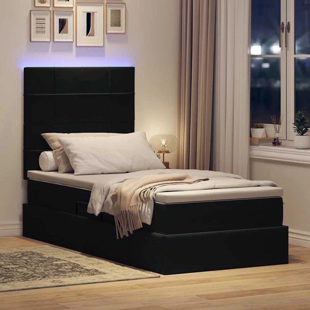 LED saugojimo lova su čiužiniu Juoda 90 x 200 cm Aksomas