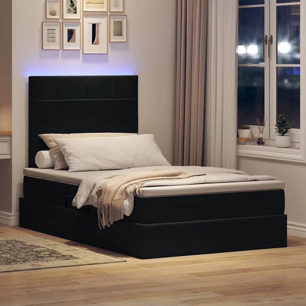 LED saugojimo lova su čiužiniu Juoda 120 x 200 cm Aksomas