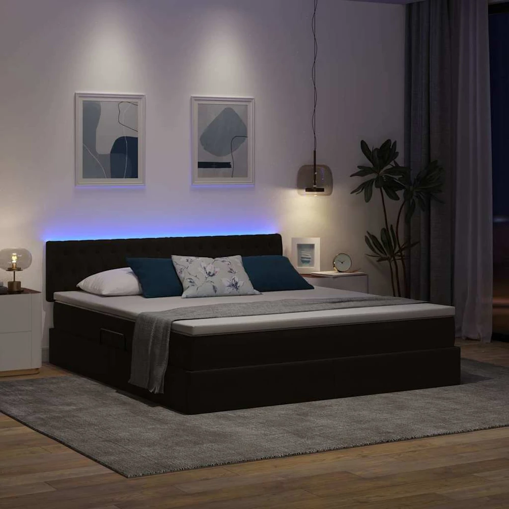 LED saugojimo lova su čiužiniu Juoda 160 x 200 cm Aksomas