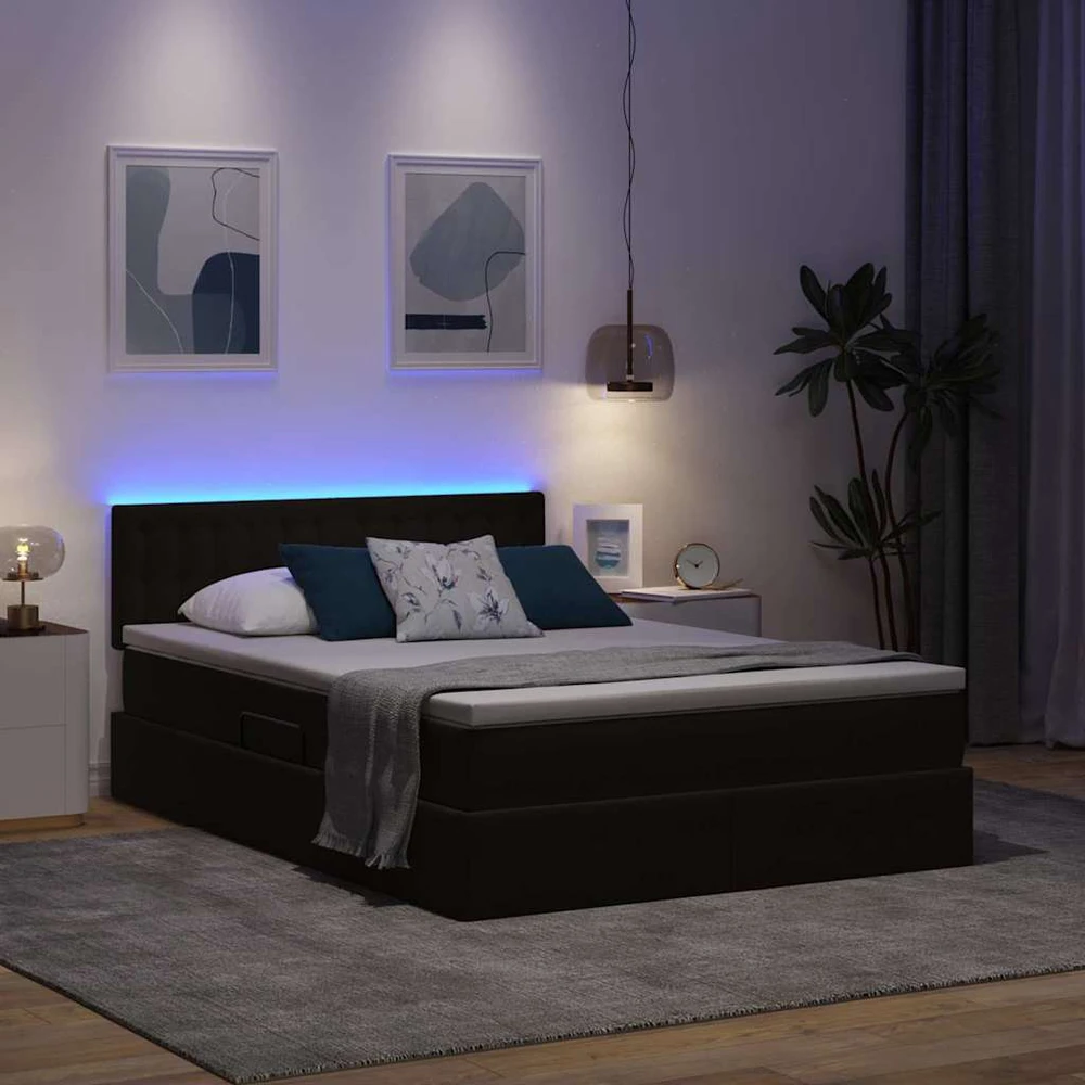 LED saugojimo lova su čiužiniu Juoda 140 x 200 cm Aksomas