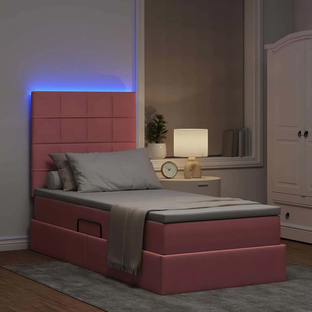 LED saugojimo lova su čiužiniu Rožinė 100 x 200 cm Aksomas
