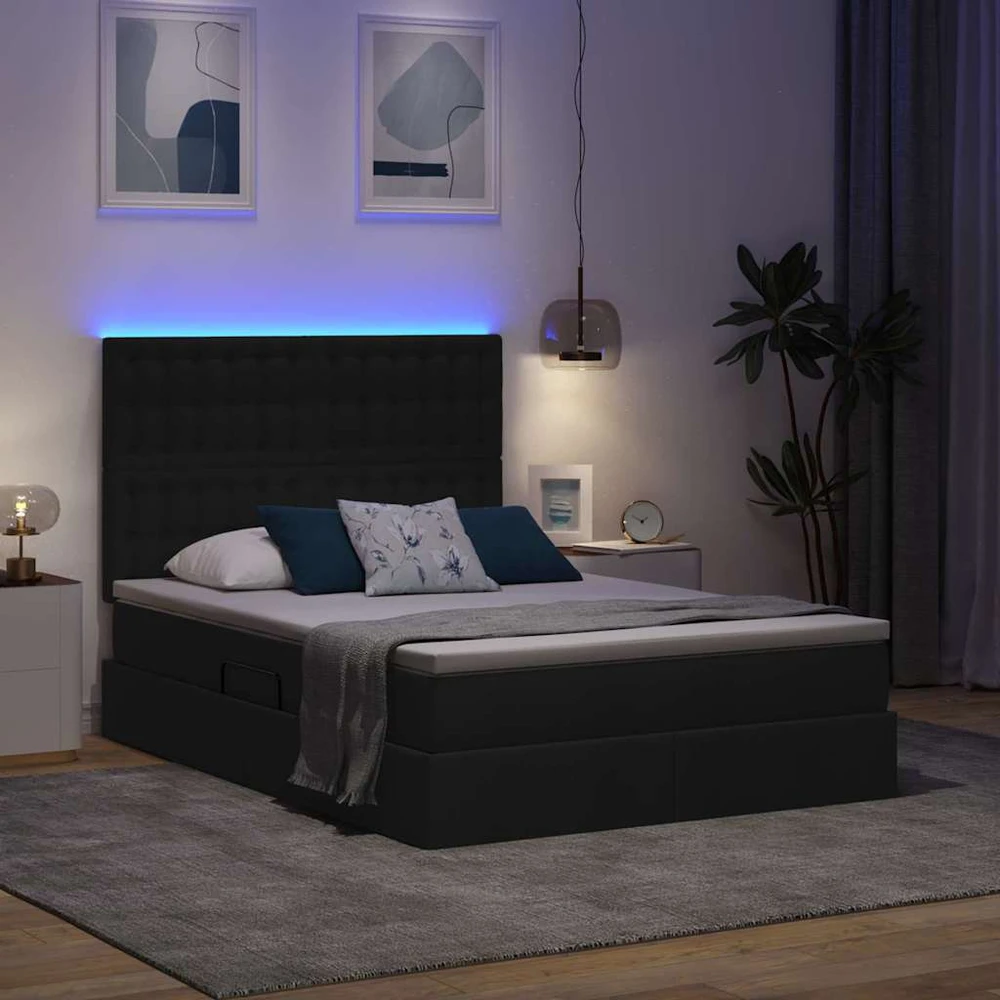 LED saugojimo lova su čiužiniu Juoda 140 x 200 cm Audinys