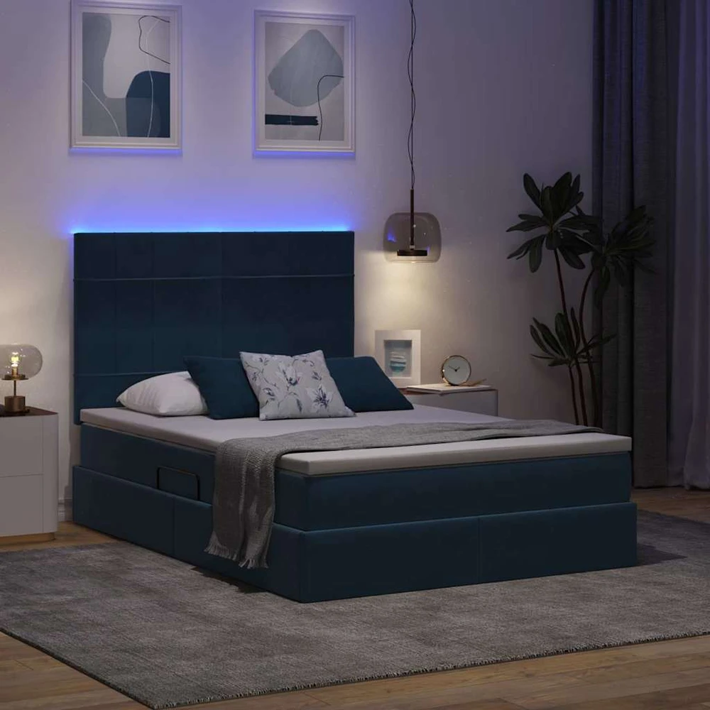 LED saugojimo lova su čiužiniu Tamsiai mėlyna 140 x 200 cm