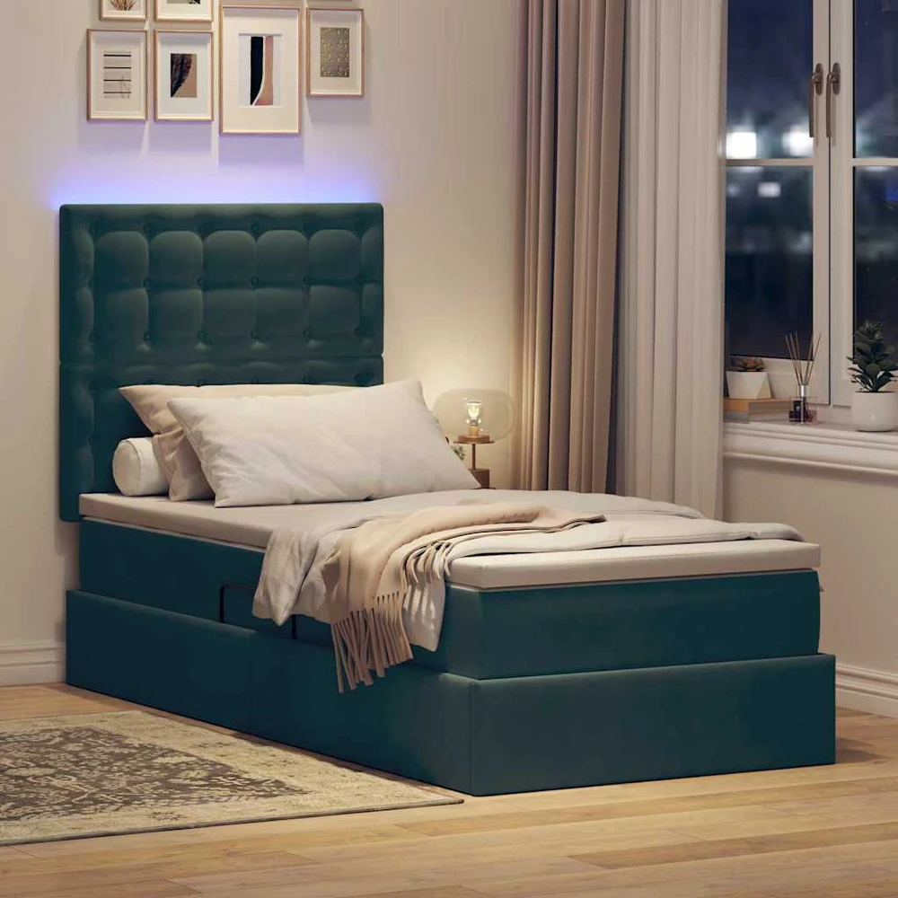 LED saugojimo lova su čiužiniu Tamsiai žalia 90 x 200 cm