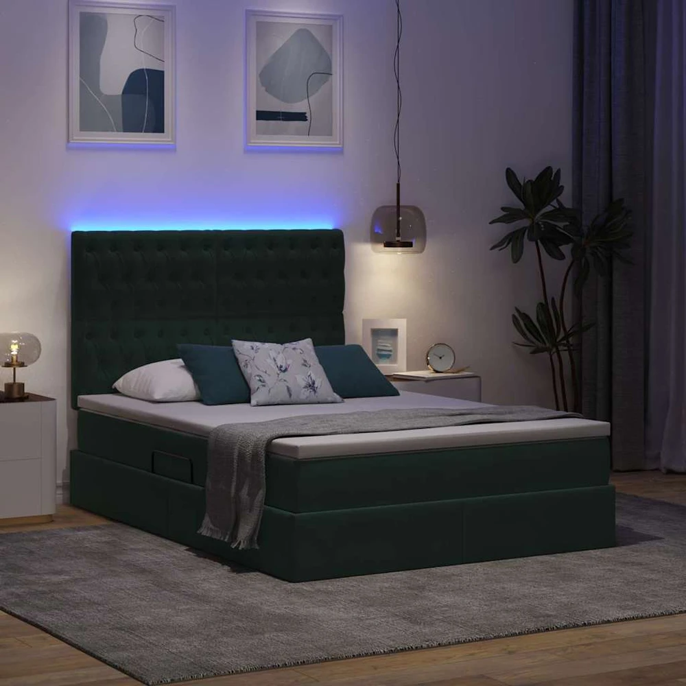 LED saugojimo lova su čiužiniu Tamsiai žalia 140 x 200 cm