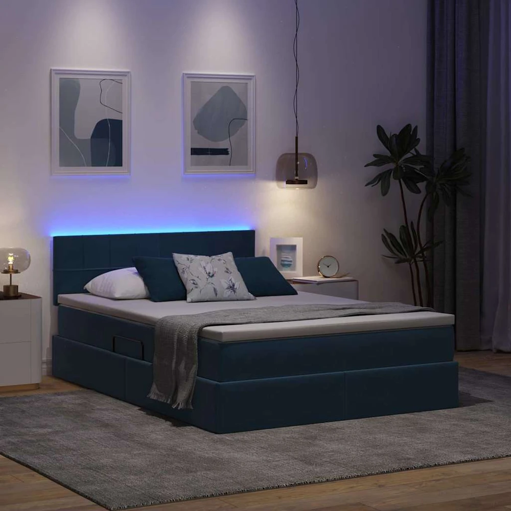 LED saugojimo lova su čiužiniu Tamsiai mėlyna 140 x 200 cm