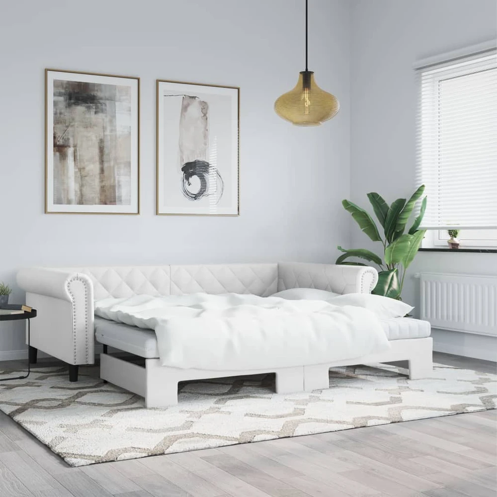 Lova su ištraukiama dalimi, balta, 90x200cm, dirbtinė oda