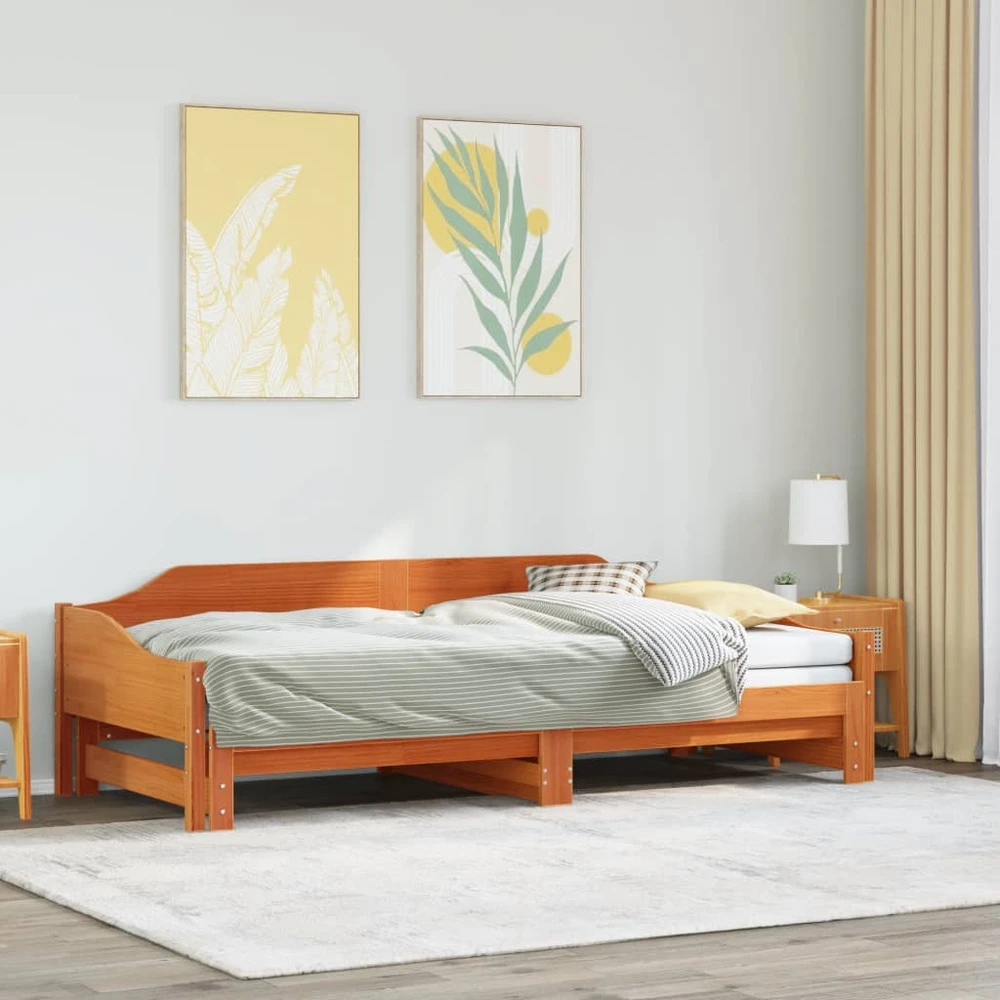 Lova su ištraukiama dalimi be čiužiniu, ruda, 90x190cm medienos