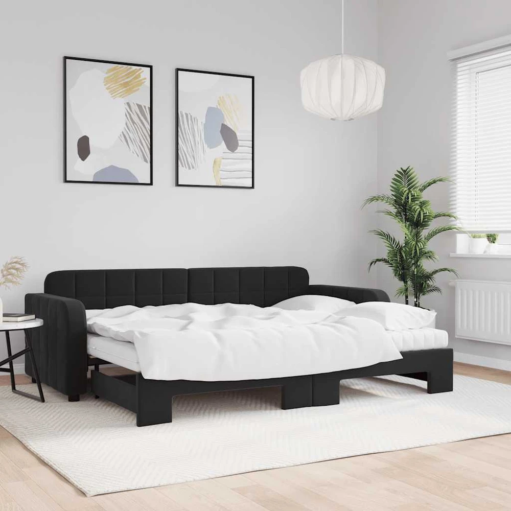 Lova su ištraukiama dalimi/čiužiniu, juoda, 80x200cm, aksomas