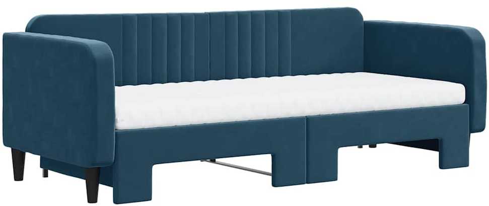 Lova su ištraukiama dalimi/čiužiniu, mėlyna, 90x200cm, aksomas