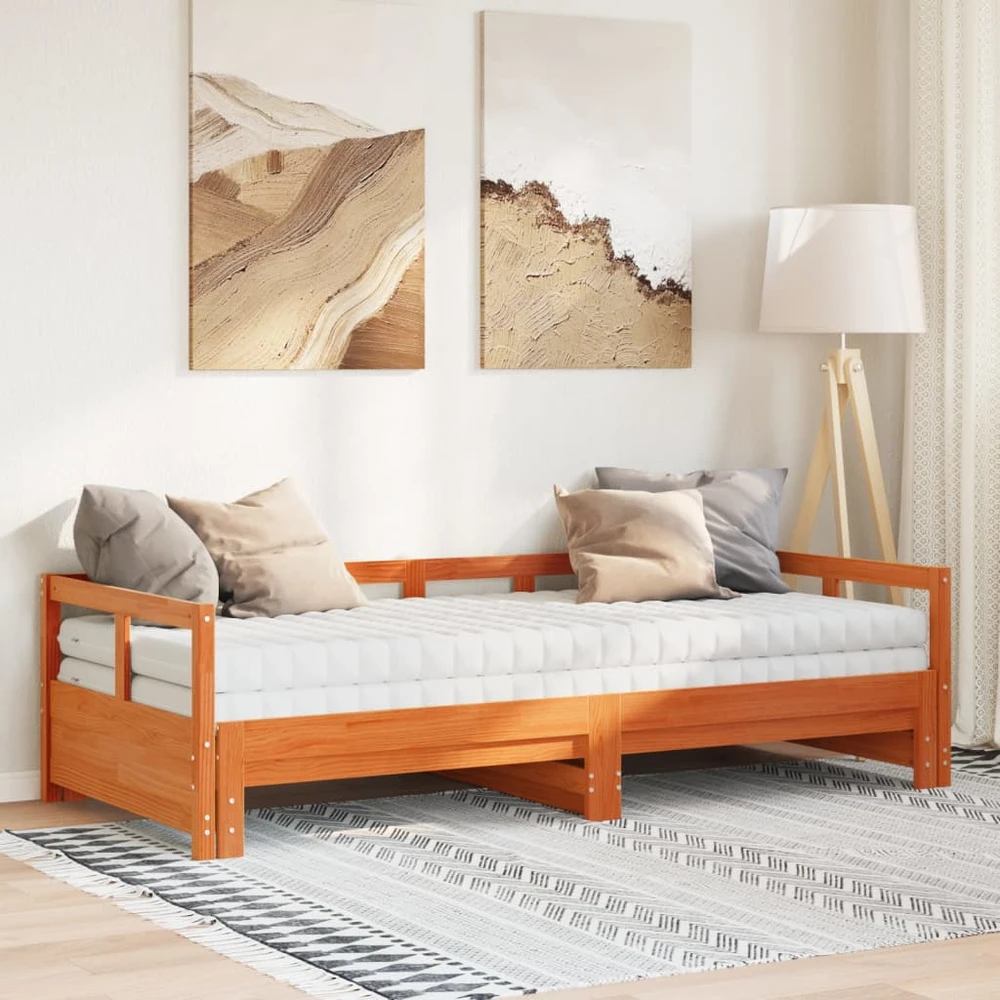 Lova su ištraukiama dalimi ir čiužiniu, ruda, 80x200cm, pušis