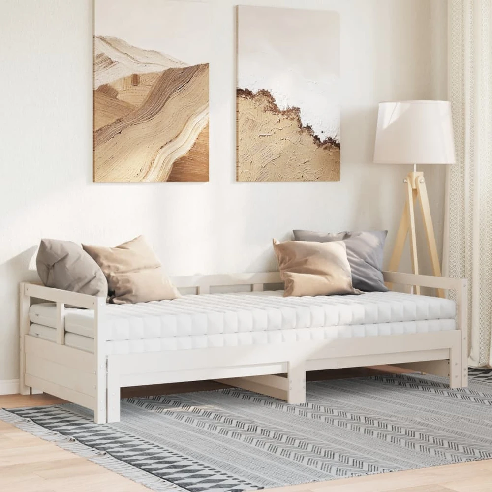 Lova su ištraukiama dalimi ir čiužiniu, balta, 90x200cm, pušis