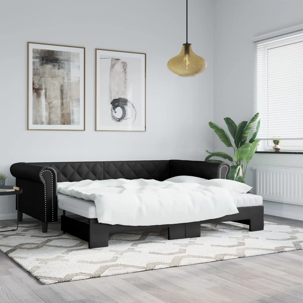 Lova su ištraukiama dalimi, juoda, 90x200cm, dirbtinė oda