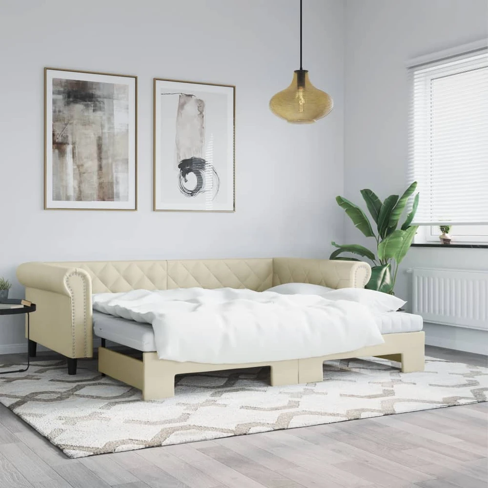 Lova su ištraukiama dalimi, kreminė, 90x200cm, dirbtinė oda