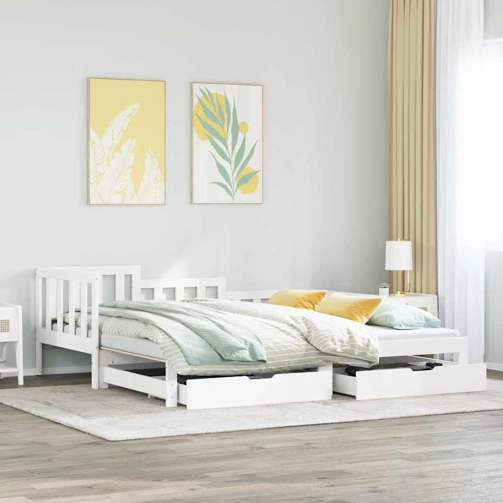 Lova su ištraukiama dalimi/stalčiais be čiužinio balta 90x190cm