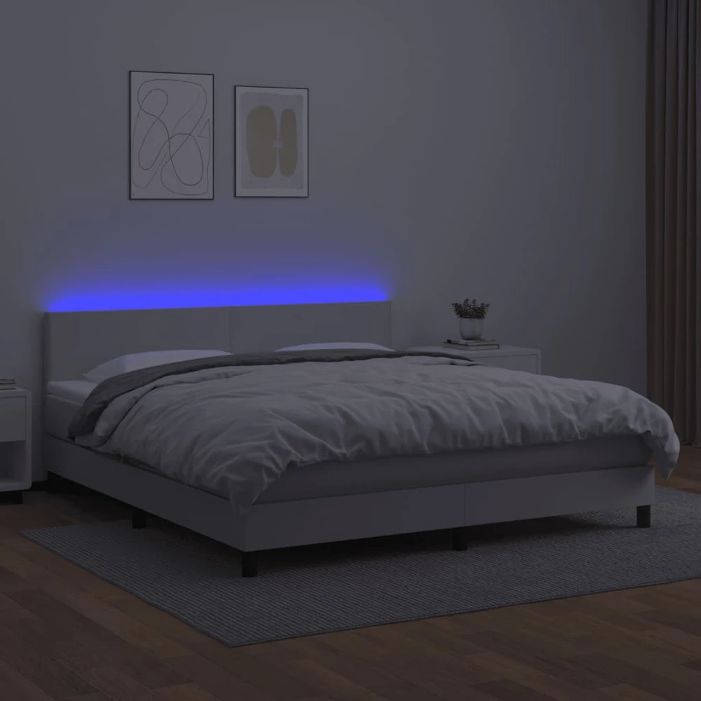 Lova su spyruoklėmis/čiužiniu/LED, balta 180x200cm dirbtinė oda