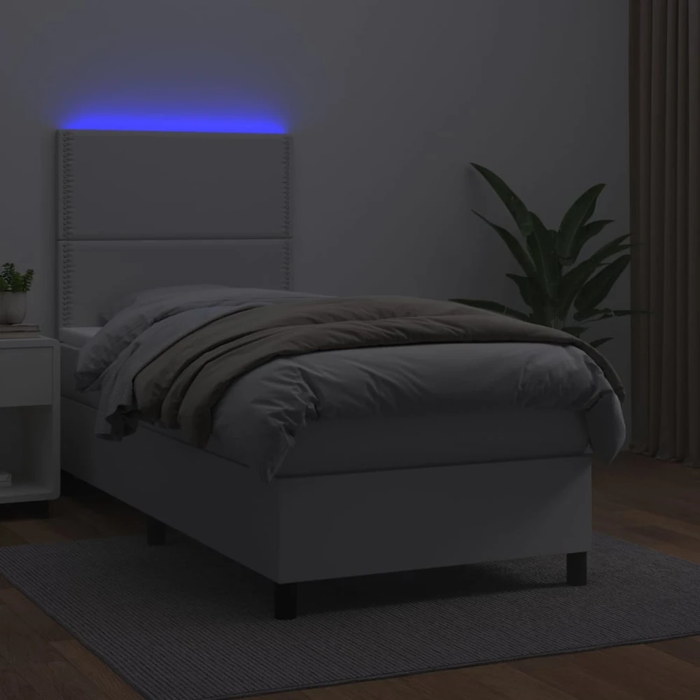Lova su spyruoklėmis/čiužiniu/LED, balta 100x200cm dirbtinė oda